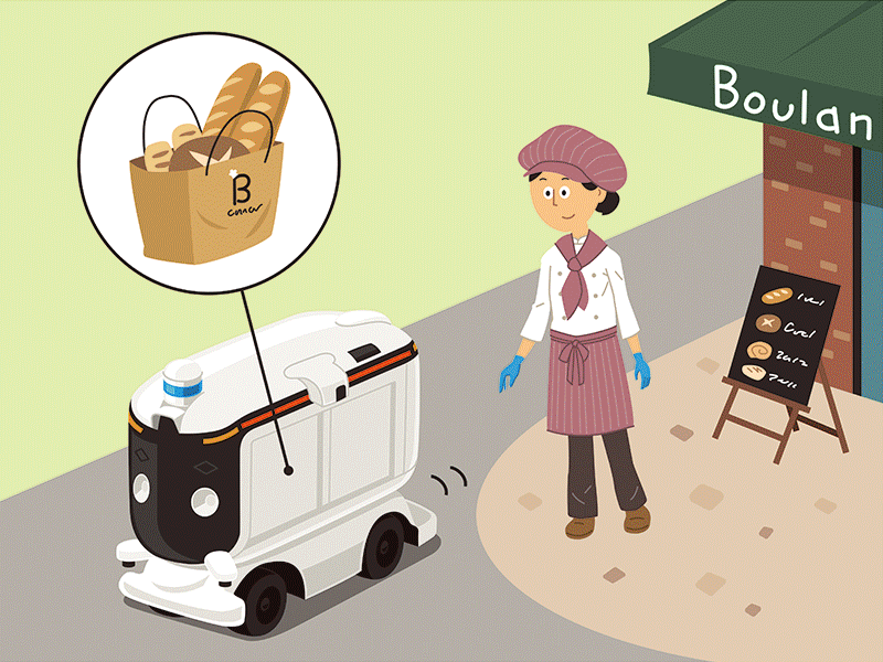 GIF画像。イラスト：配送ロボットを見送るパン屋の店主。写真：住宅街を走行する配送ロボット。写真：配送ロボットを遠隔監視する様子。イラスト：配送ロボットからパンを受け取る母娘。