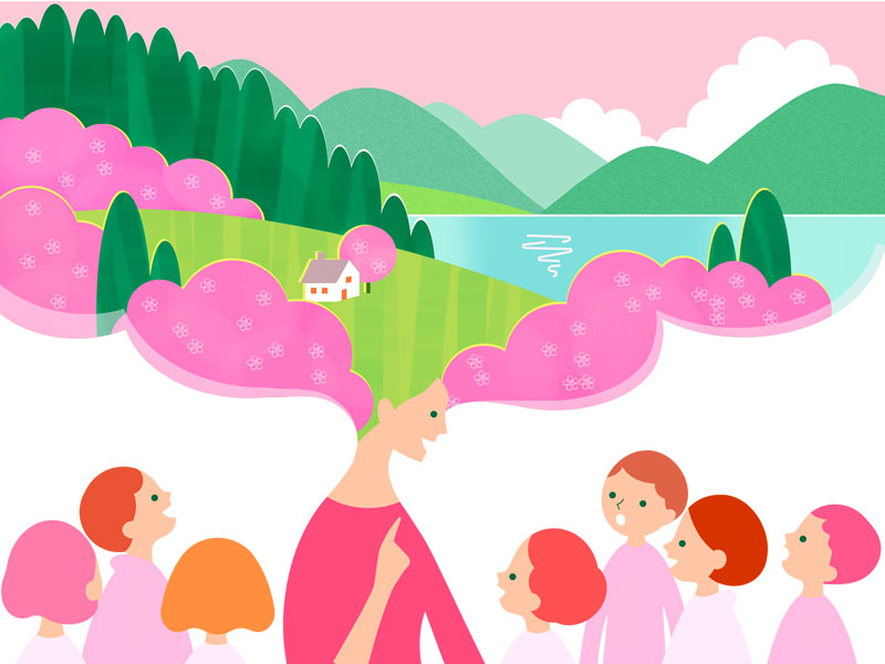イラスト：桜が満開の春の風景を紹介する先生。美しい自然の風景に驚く子どもたち